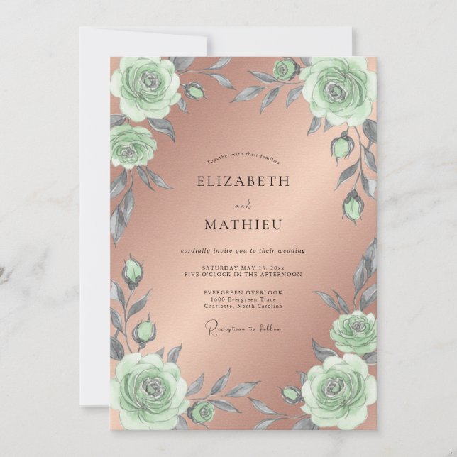Invitation Mariage Rose Menthe Cuivre (Devant)