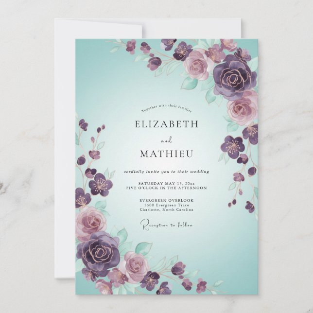 Invitation Mariage Rose Mer Écume Prune (Devant)