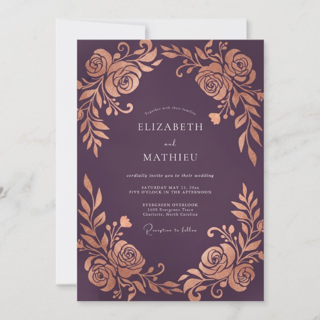 Invitation Mariage Rose Métallique prune (Devant)