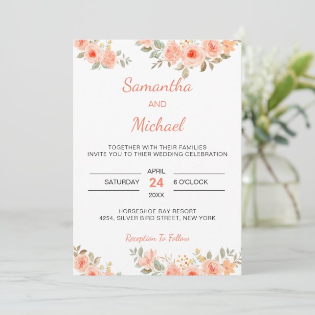 Invitation Mariage Rose moderne Floral Rose et Bourgogne (Debout devant)