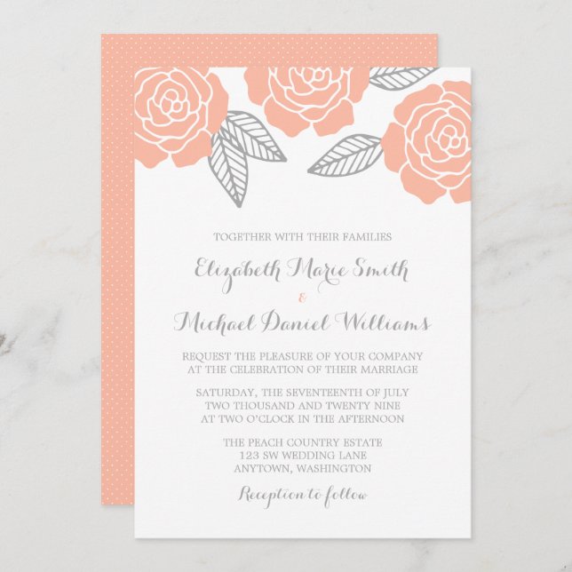 Invitation Mariage Rose moderne Peach et Grey (Devant / Derrière)