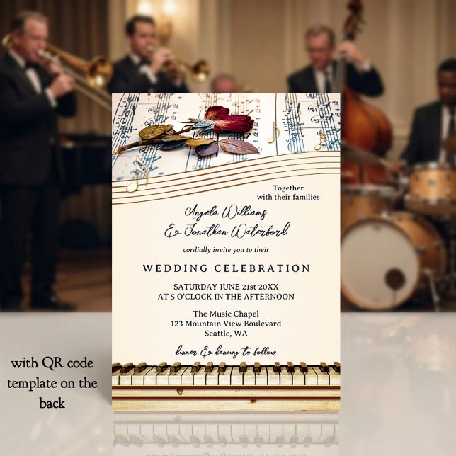 Invitation Mariage Rose Musique Classique Rétro Romantique (Music themed wedding invitation with vintage roses and a piano keyboard - with QR code template)