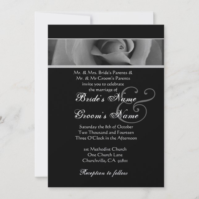 Invitation Mariage Rose noir et blanc d'argent (Devant)