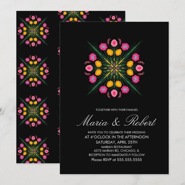 Invitation Mariage rose noir floral tiré à la main mexicaine (Devant / Derrière)