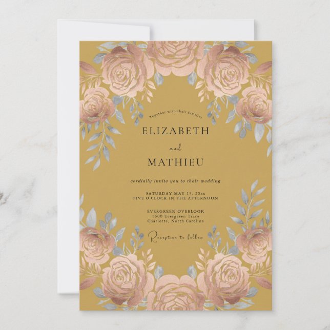 Invitation Mariage Rose Opulente Jaune Moutarde (Devant)
