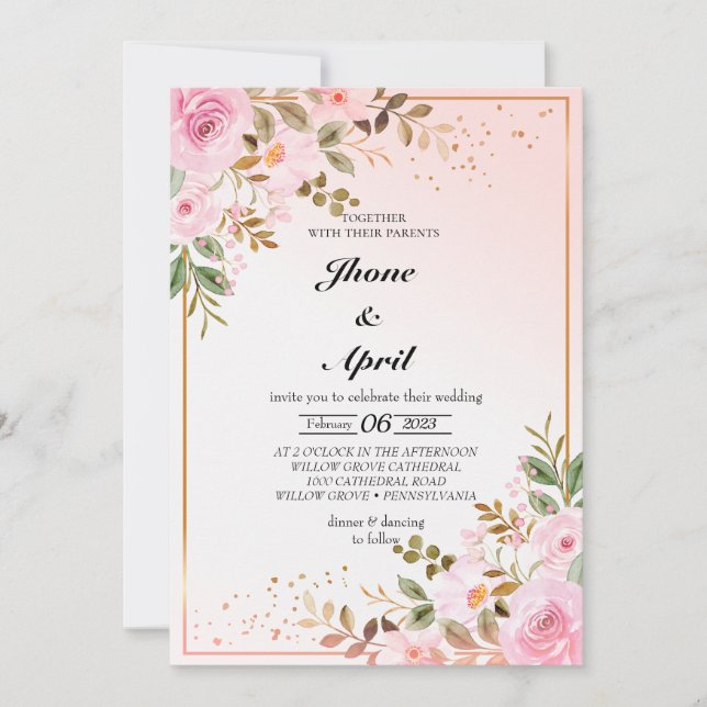 Invitation mariage rose or avec fleurs (Devant)