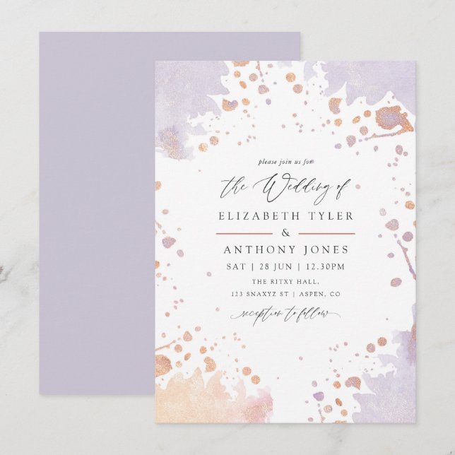 Invitation Mariage rose or et pastel violet peintures  (Devant / Derrière)