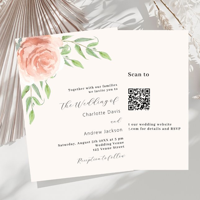 Invitation mariage rose or fleuri code QR RSVP (Créateur téléchargé)