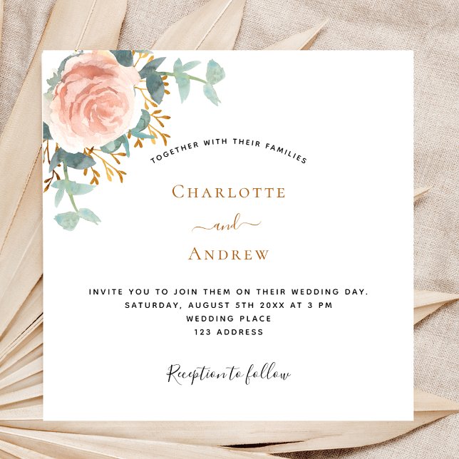 Invitation mariage rose or fleuri eucalyptus vert (Créateur téléchargé)