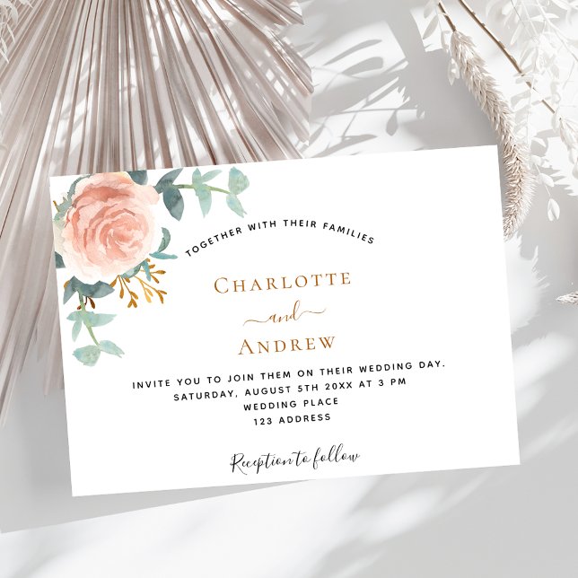 Invitation mariage Rose or fleuri verdure luxe (Créateur téléchargé)