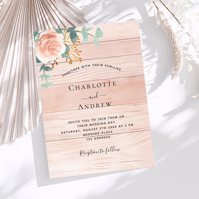 Invitation mariage Rose or fleurie verdure bois luxe (Créateur téléchargé)