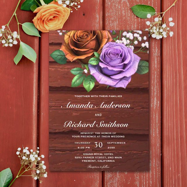 Invitation Mariage Rose orange brûlé en bois rustique (Créateur téléchargé)