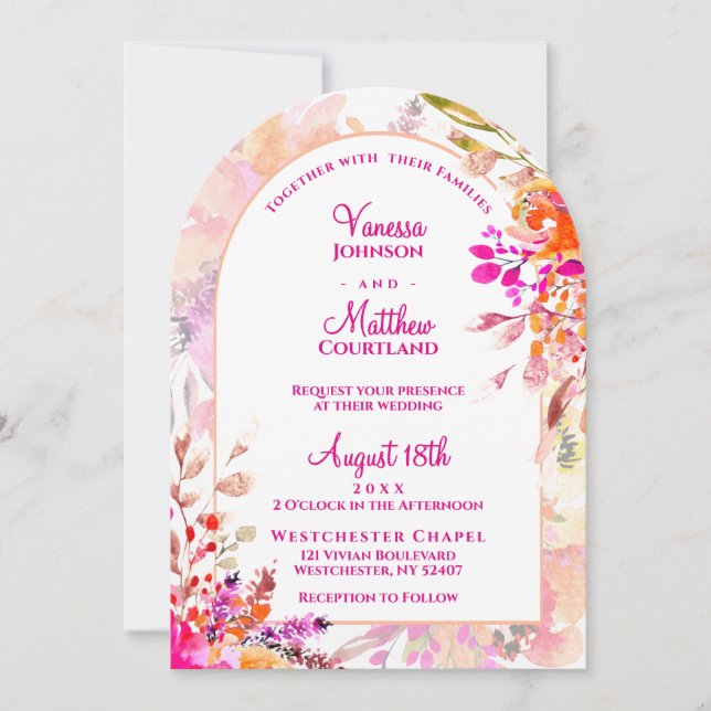 Invitation Mariage Rose Orange Élégant Forme d'Arche Florale (Devant)