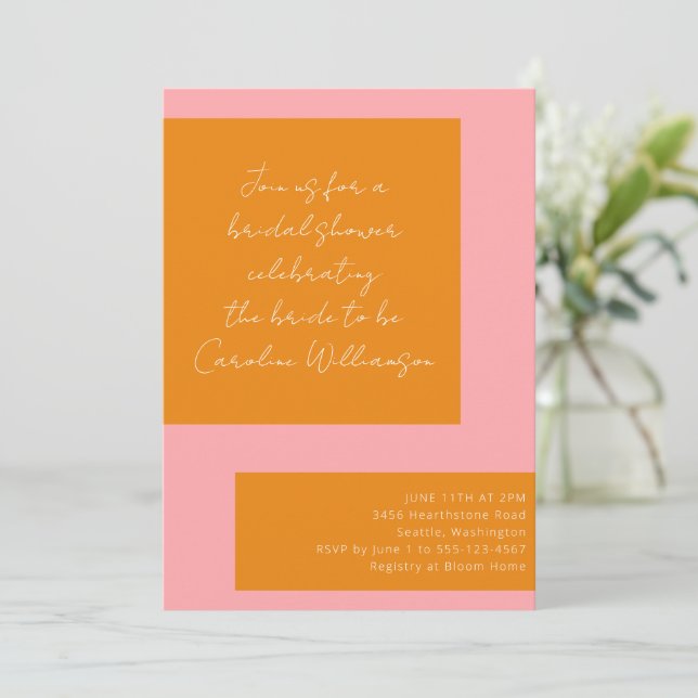 Invitation Mariage Rose Orange Moderne Bloc de Couleur Été (Debout devant)