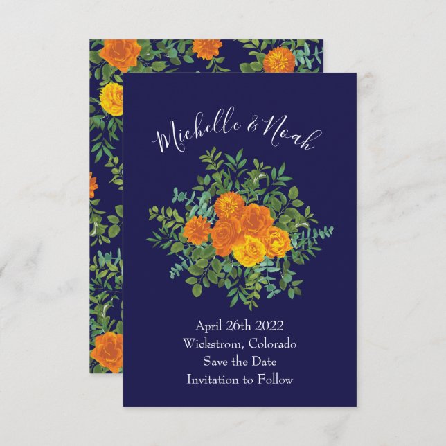 Invitation Mariage Rose Orange & Navy Blue Peony Date de sauv (Devant / Derrière)