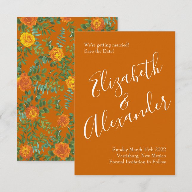 Invitation Mariage Rose Orange & Rust Fall Peony Date de sauv (Devant / Derrière)