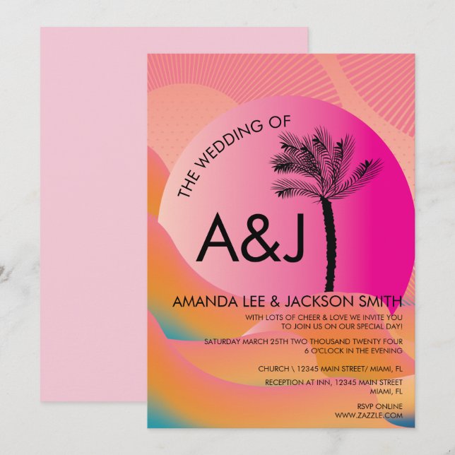Invitation Mariage Rose Orange Tropical Sunrise Bold (Devant / Derrière)