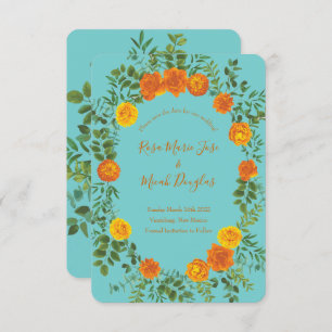 Invitation Mariage Rose Orange & Turquoise Aqua Peony Date de