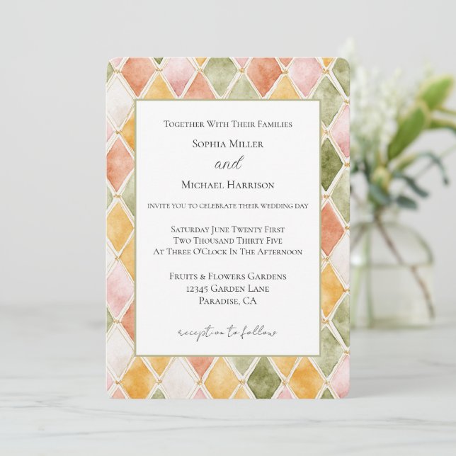 Invitation Mariage Rose Orange Vert Jaune Rosé Rose (Debout devant)