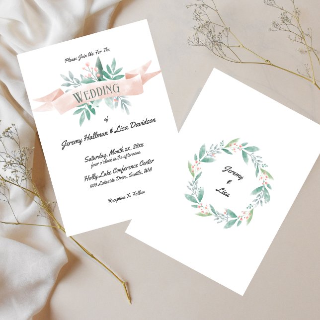 Invitation Mariage rose pâle (Summer Soft Pink and Green Wedding Invitation)