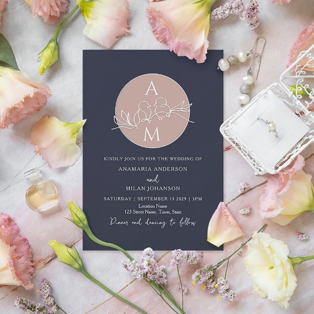 Invitation Mariage Rose Pâle Bleu Marine Monogramme (Créateur téléchargé)