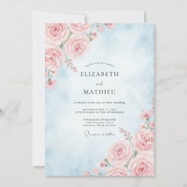 Invitation Mariage Rose Pâle Bleu Poudré (Devant)