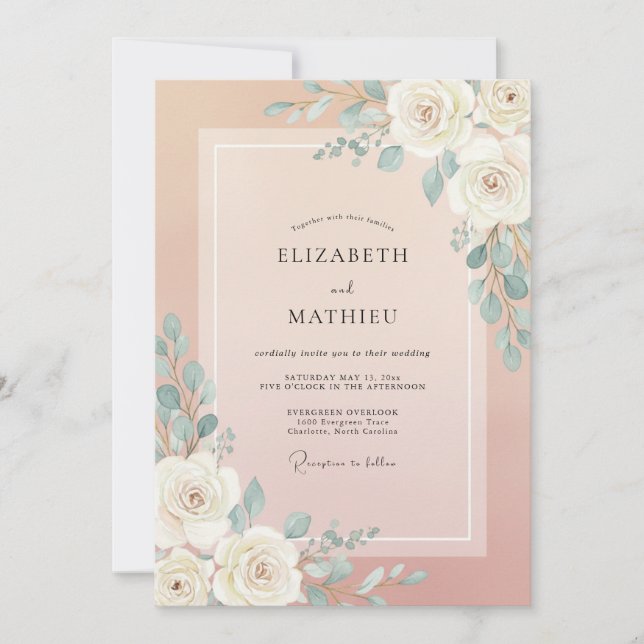 Invitation Mariage Rose Pâle Céladon Eucalyptus (Devant)