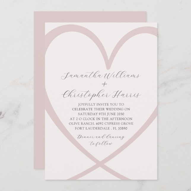 Invitation Mariage rose pâle du coeur moderne (Devant / Derrière)