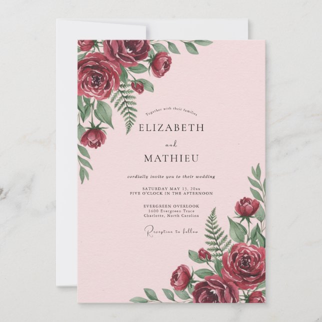 Invitation Mariage Rose Pâle et Fougère Bordeaux (Devant)