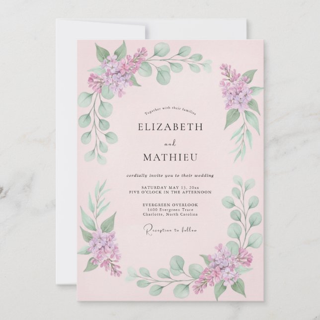 Invitation Mariage Rose Pâle et Lilas Délicat (Devant)