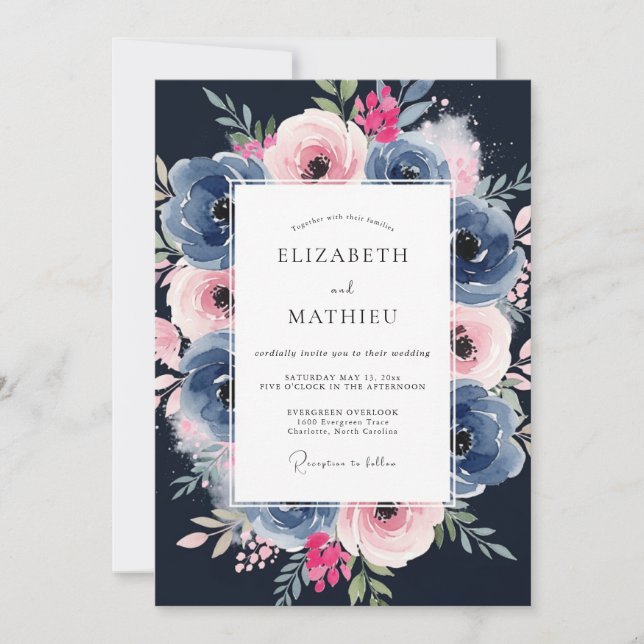 Invitation Mariage Rose Pâle et Marine Toile Painter (Devant)