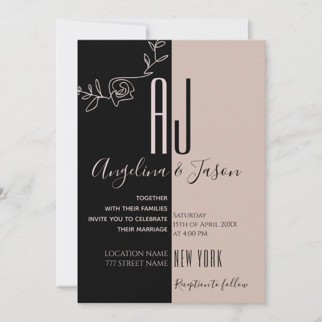 Invitation Mariage Rose Pâle et Noir Monogramme (Devant)