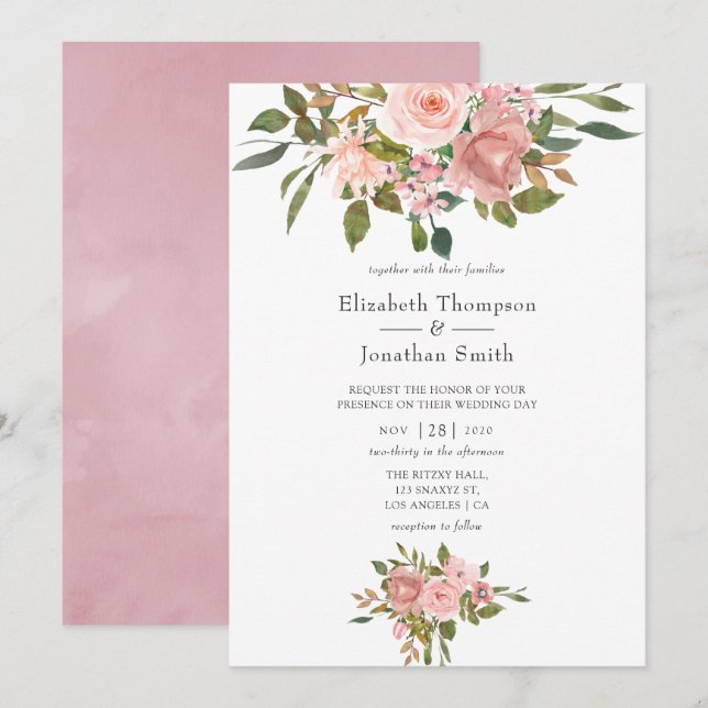 Invitation Mariage Rose Pâle et Or Rose (Devant / Derrière)