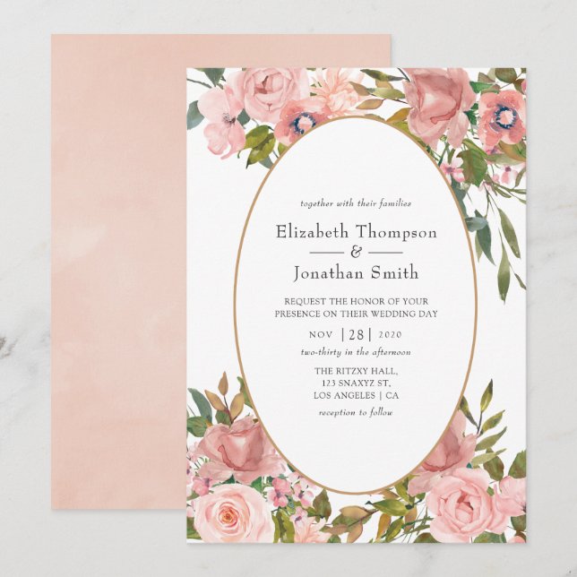 Invitation Mariage Rose Pâle et Or Rose (Devant / Derrière)
