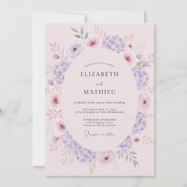 Invitation Mariage Rose Pâle et Pervenche Fleurie (Devant)