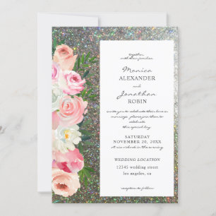 Invitation Mariage Rose Pâle & Floral Gris & Paillettes Argen