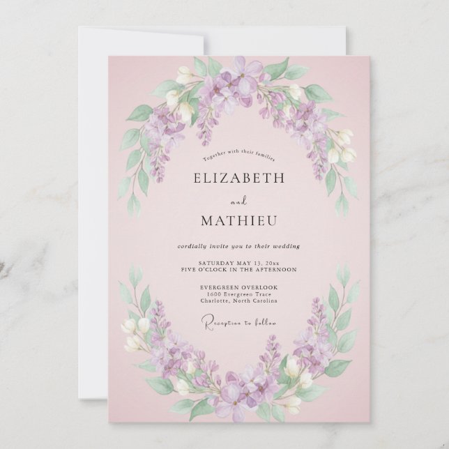 Invitation Mariage Rose Pâle Lilas Paisible (Devant)
