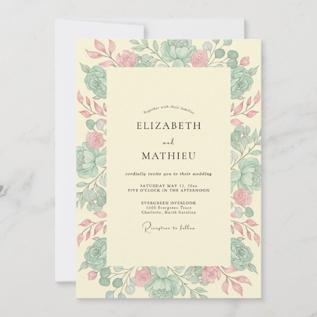 Invitation Mariage Rose Pâle Menthe (Devant)