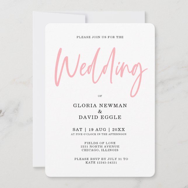 Invitation Mariage rose pâle moderne minimaliste (Devant)