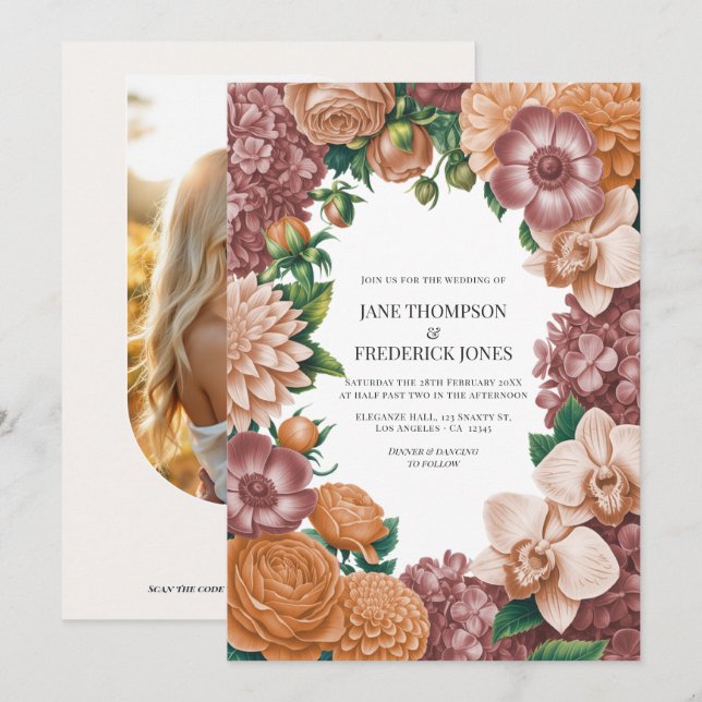 Invitation Mariage Rose Pâle, Pêche Rétro et Terracotta Douce (Devant / Derrière)