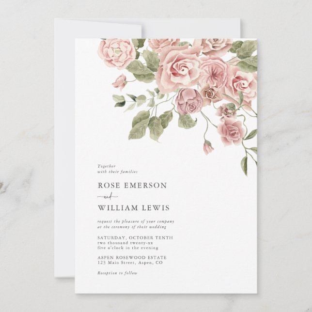 Invitation Mariage Rose Pâle Poussiéreuse Aquarelle (Devant)