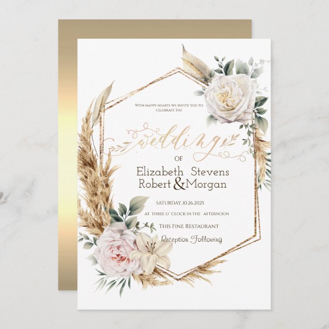 Invitation Mariage rose Pampas Grass Gold Frame (Devant / Derrière)