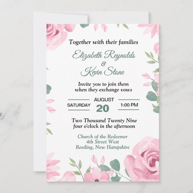 Invitation Mariage Rose Pastel et Vert de Mer (Devant)