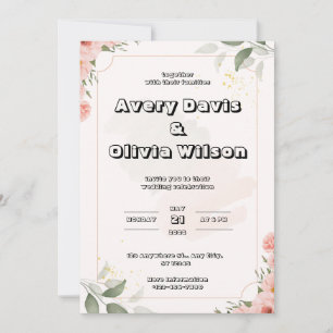 Invitation Mariage rose pastel, vert et aquarelle