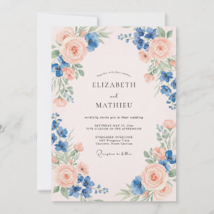 Invitation Mariage Rose Pêche Azur Feuillu