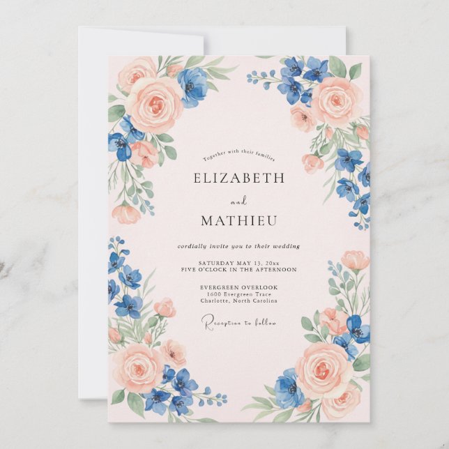 Invitation Mariage Rose Pêche Azur Feuillu (Devant)