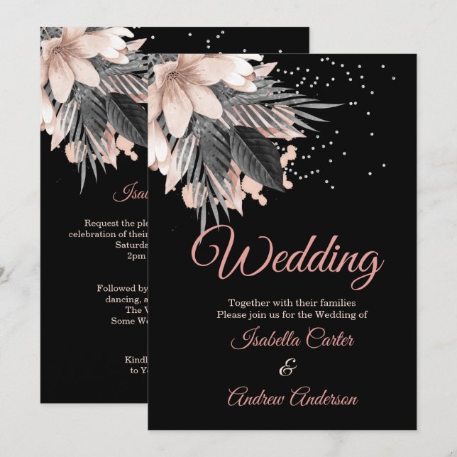 Invitation Mariage Rose Pêche Charbon Floral Noir (Devant / Derrière)