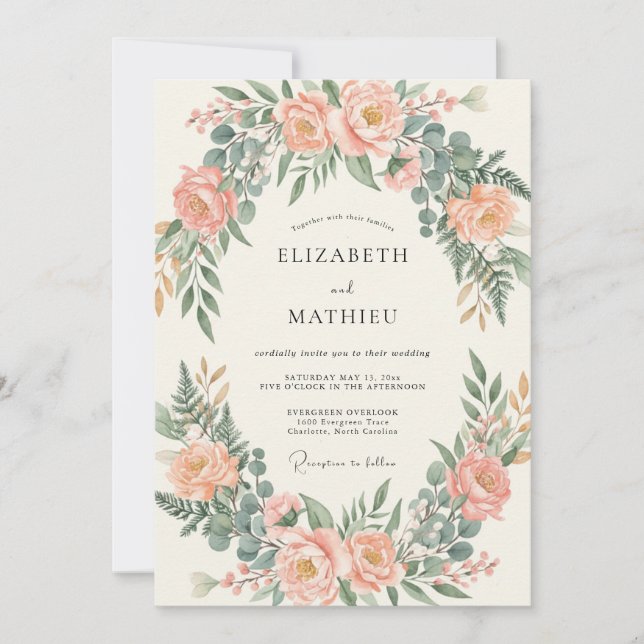 Invitation Mariage Rose Pêche Eucalyptus Arche (Devant)