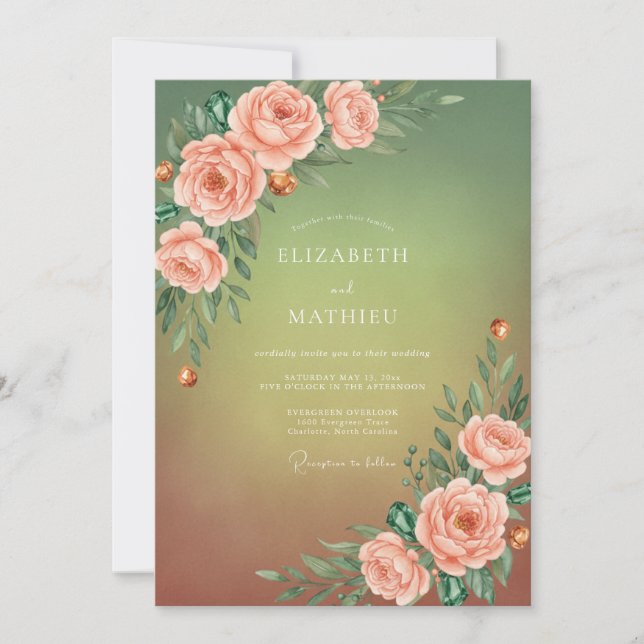 Invitation Mariage Rose Pêche Olive (Devant)