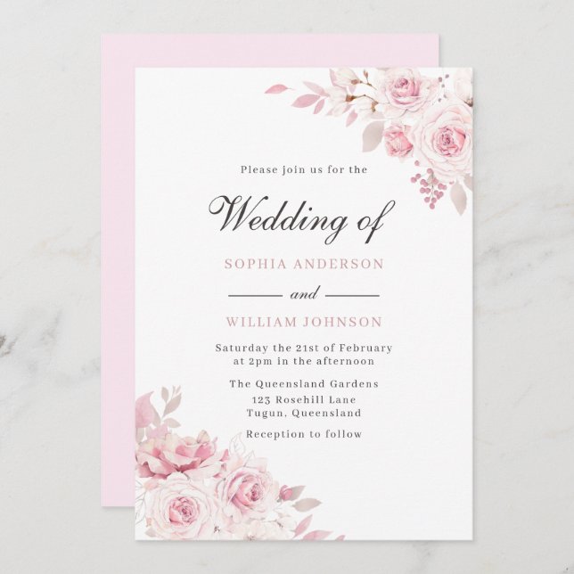 Invitation Mariage Rose Peint Pure Blush Elegant (Devant / Derrière)